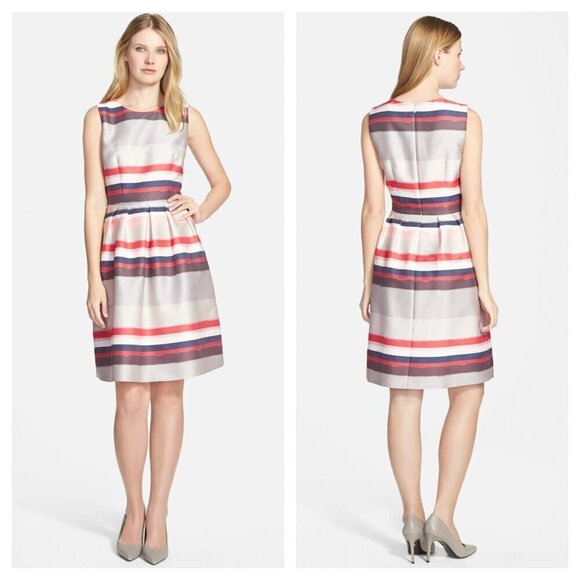 HUGO BOSS Diljana Striped Fit and Flare Dress Sleeveless White Gray Women's 8 - Picture 1 of 9
